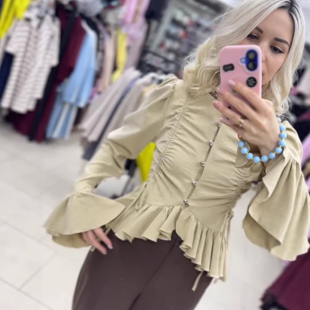 Women's Ruffled Fitted Blouse with Peplum & Puff Sleeves Chichicherry