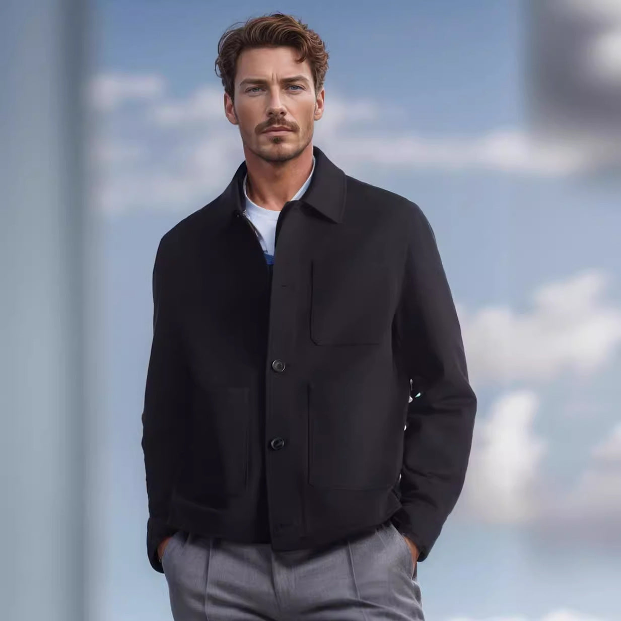 Men's short chore coat with shirt collar, patch pockets, and minimalist button placket Chichicherry