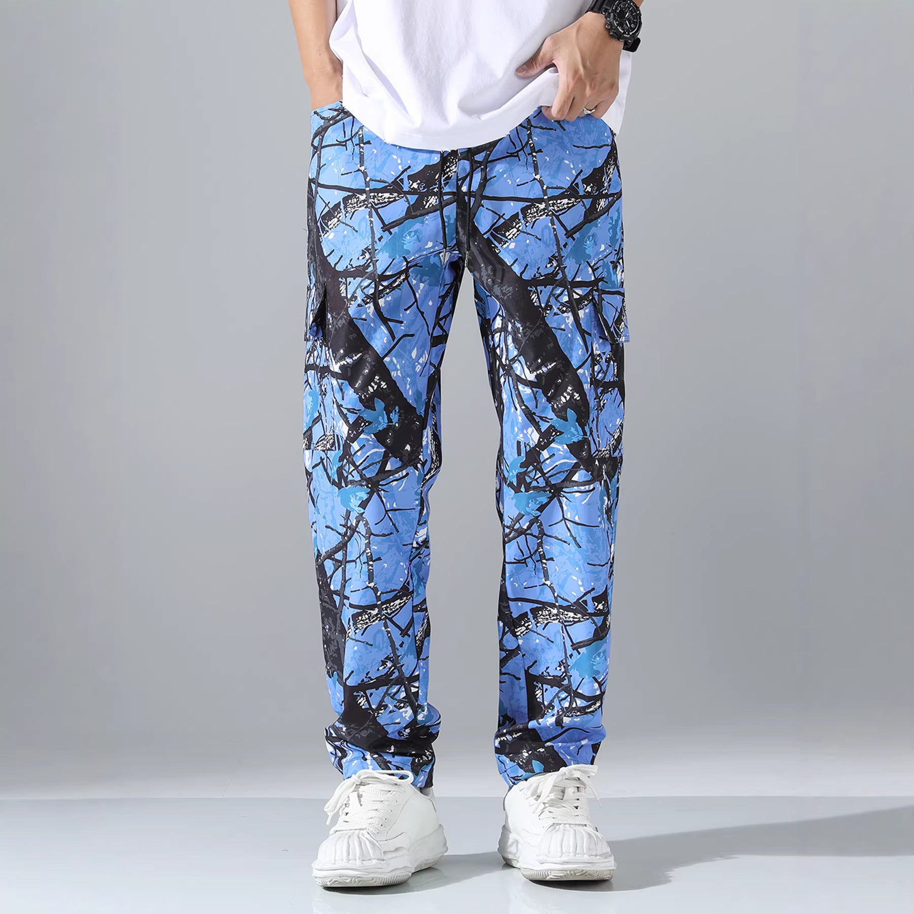 Men's Patterned Cargo Jogging Pants with Drawstring, Patch Pockets & Tapered Leg Chichicherry