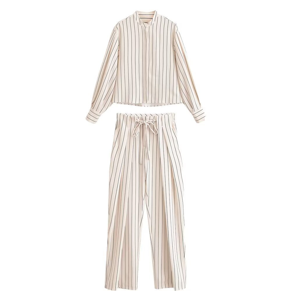 Women's High-waisted Wide Pleated Pants with Drawstring and Vertical Stripes Chichicherry