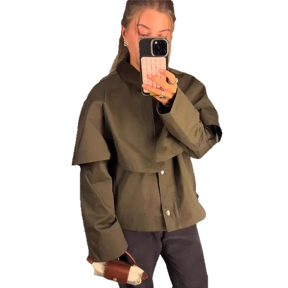 Women's Short Trench Coat with Cape Overlay and Oversized Sleeves Chichicherry