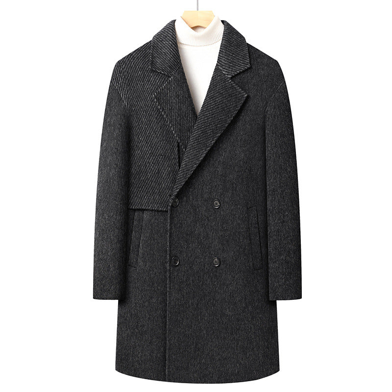 Men's Long Double-Breasted Wool Blend Coat with Textured Lapel Chichicherry