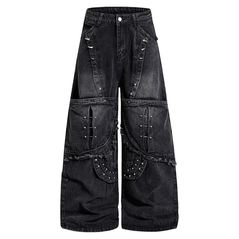 Women Wide High-Waist Denim Cargo Culotte with Rivets and Large Flap Pockets Chichicherry