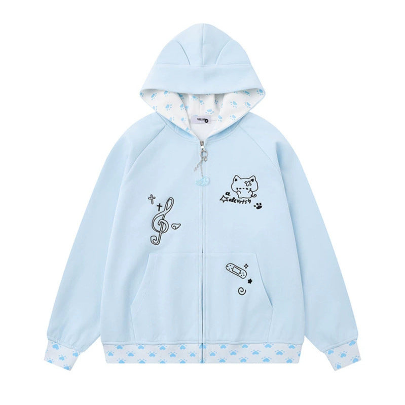 Women's hoodie with zipper in casual kawaii style, contrast hood, comic prints and ribbed cuffs Chichicherry