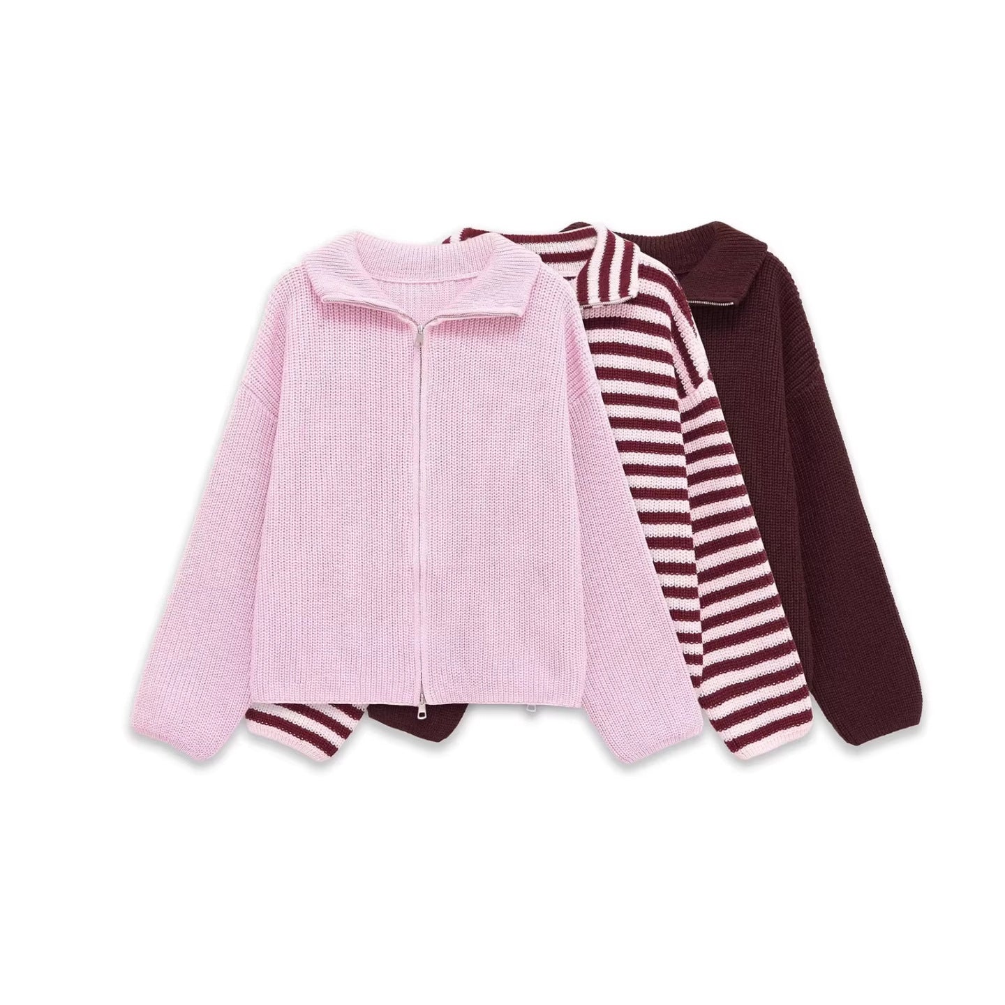 Women's Chunky Knit Zip Cardigan with Stand-up Collar and Oversized Silhouette Chichicherry