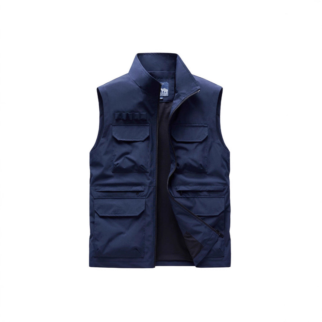 Men's Outdoor Utility Vest with eight multifunctional pockets, durable cotton blend, and wind protection collar Chichicherry