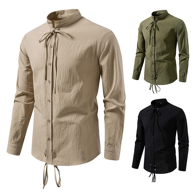 Men's Tailored Long Sleeve Shirt with Stand-Up Collar and Decorative Lacing Chichicherry