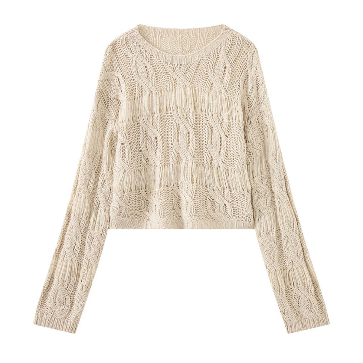 Women’s short oversized knitted sweater with openwork pattern and fringes