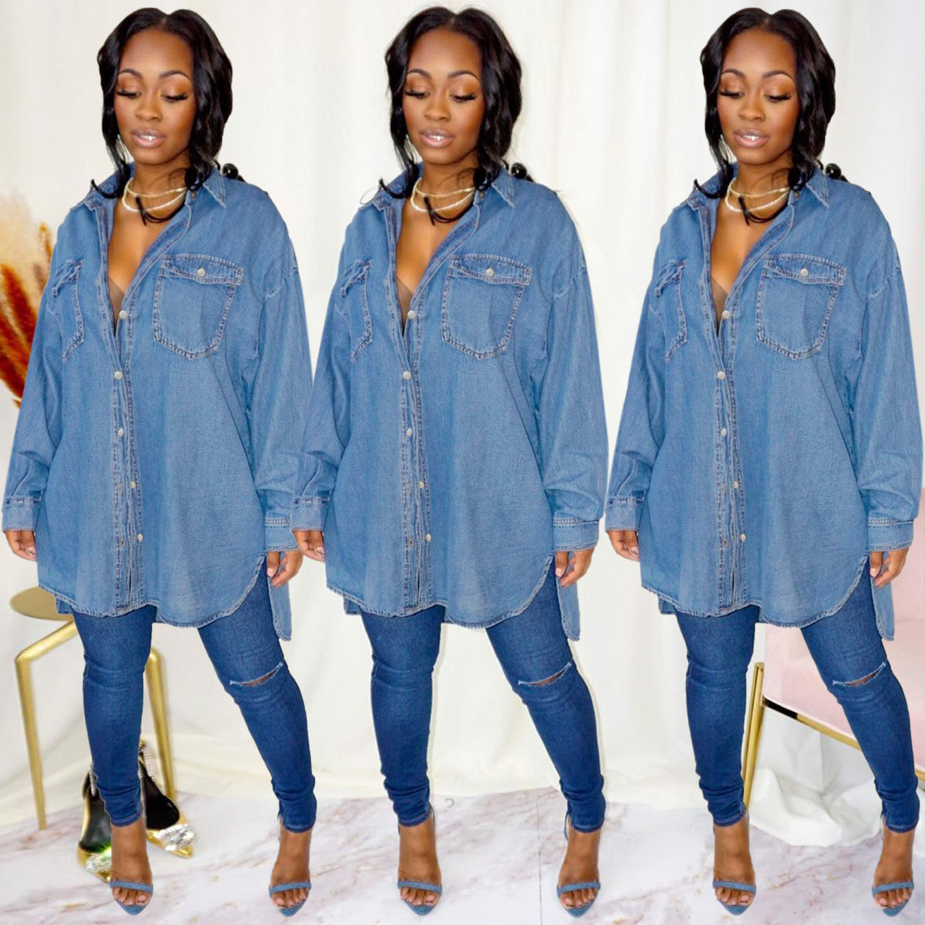 Women's Oversized Denim Shirt Jacket with Flap Pockets and Extended Cut Chichicherry