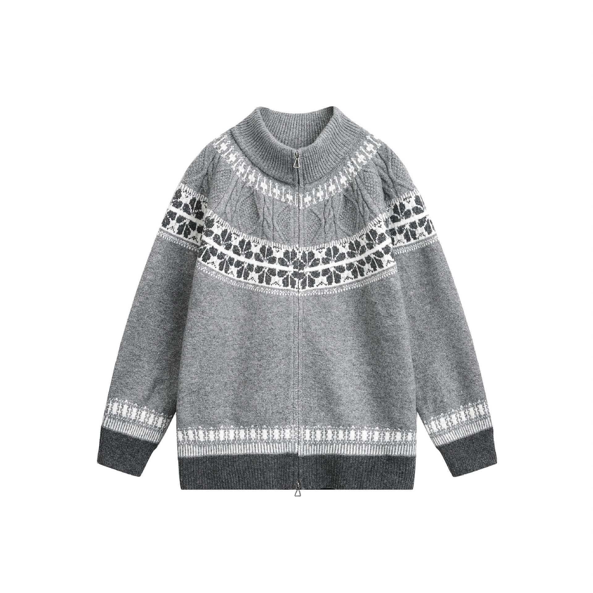 Women's knitted zip jacket in Norwegian pattern with high stand-up collar Chichicherry