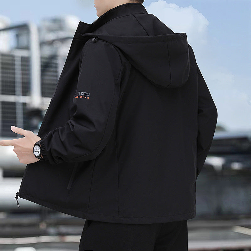 Men's lightweight softshell hoodie jacket with windproof membrane, zip pockets, and elastic cuffs Chichicherry