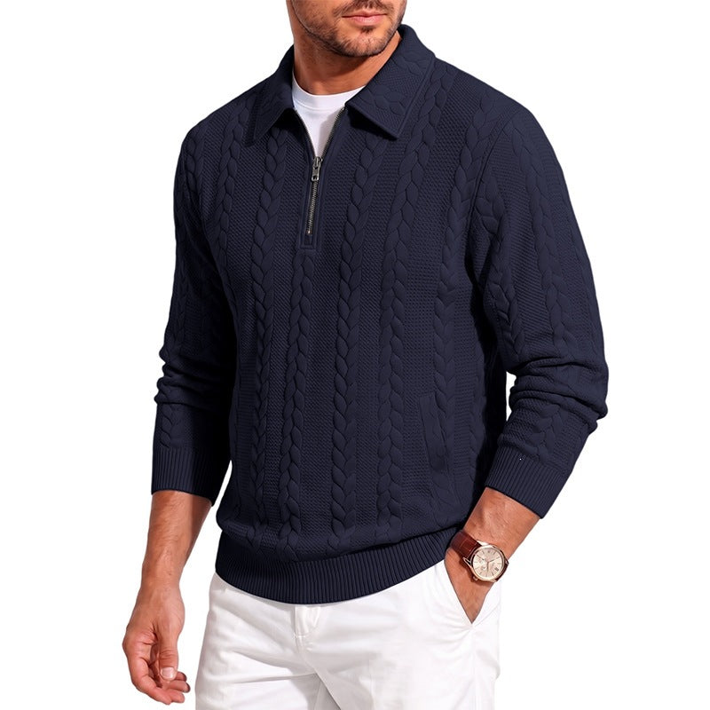 Men's finely structured knitted pullover with half-zip collar and cable pattern Chichicherry