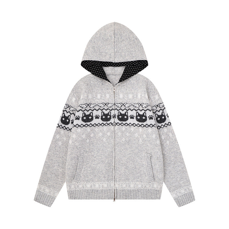Women's Hooded Knit Jacket with Norwegian Pattern, Double Zip and Kangaroo Pockets Chichicherry