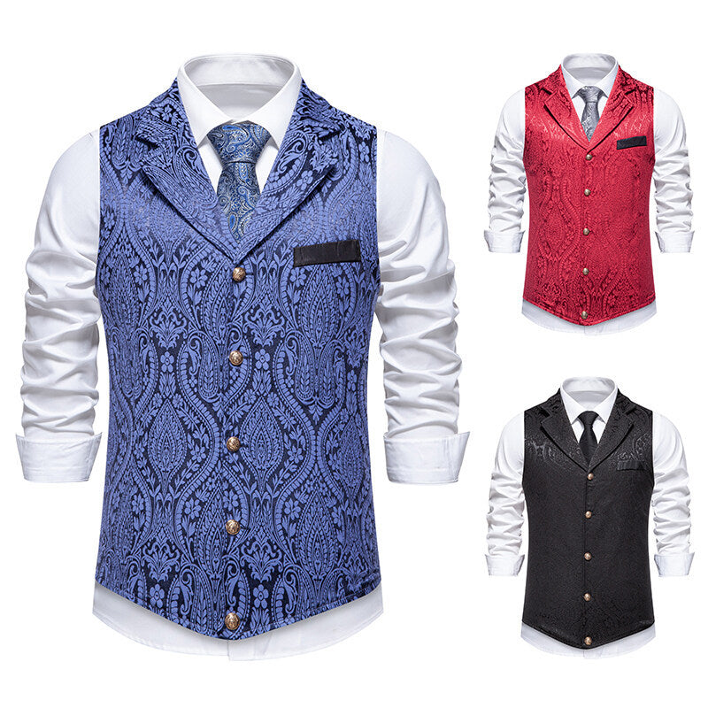 Men's Paisley Jacquard Waistcoat with Shawl Collar, Tailored Fit and Decorative Buttons Chichicherry