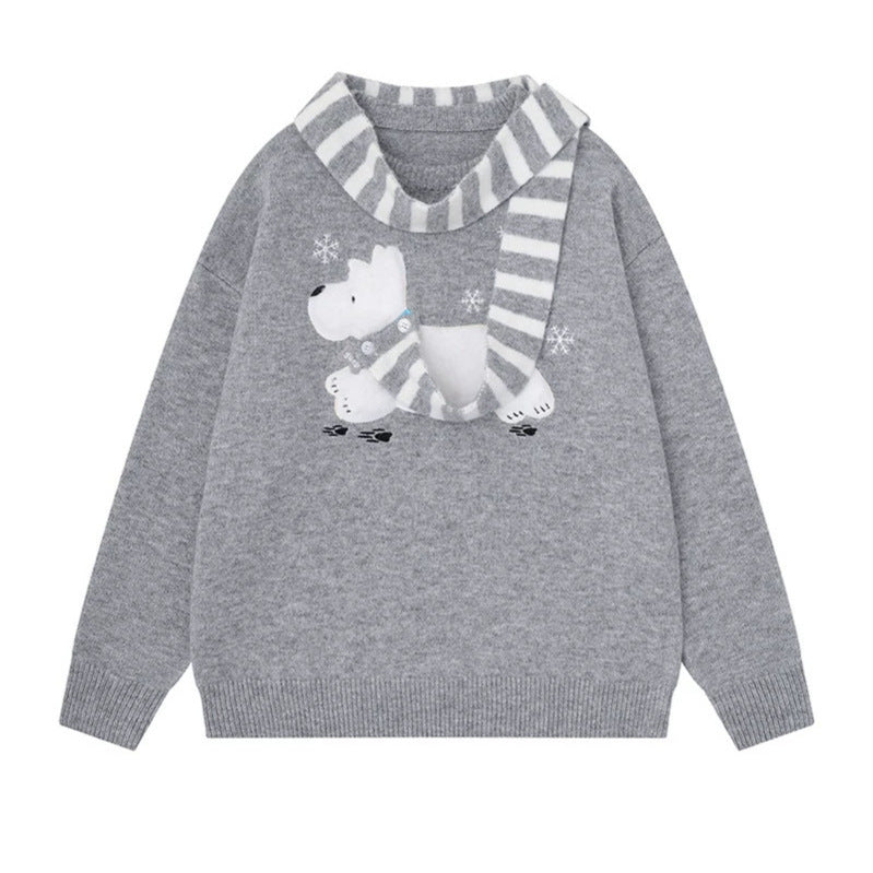 Women's Cozy Knit Sweater with Polar Bear Applique and Integrated Striped Scarf Chichicherry