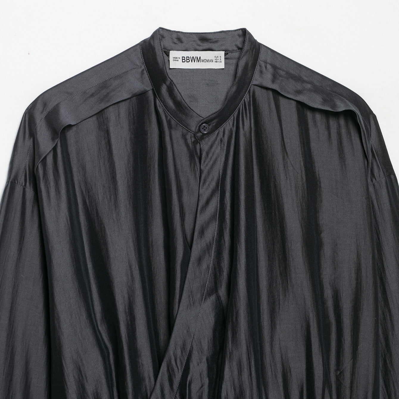 Women's satin blouse with stand-up collar, wrap look and drawstring Chichicherry