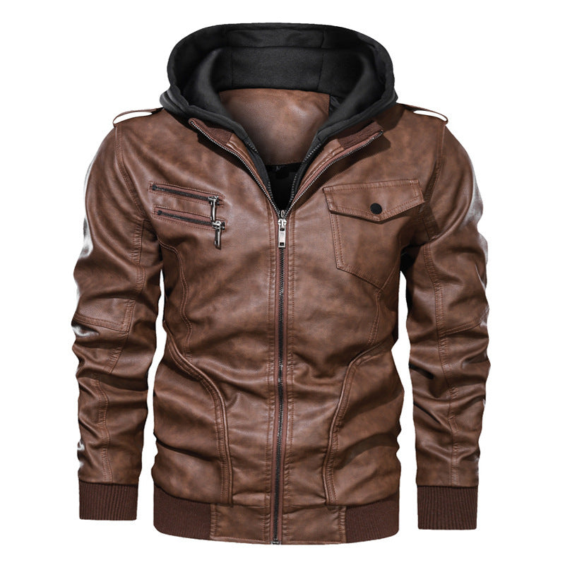 Men's Hooded Faux Leather Biker Jacket with Zipper, Chest Pockets and Ribbed Cuffs Chichicherry