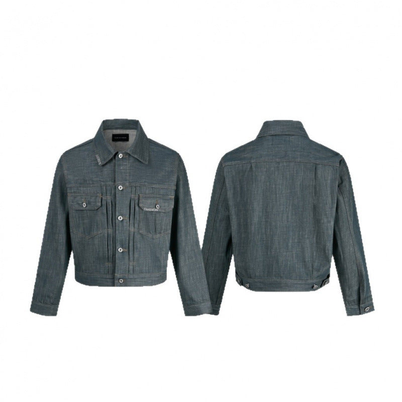 Men's cropped denim jacket with vertical seams, patch pockets, and boxy silhouette Chichicherry