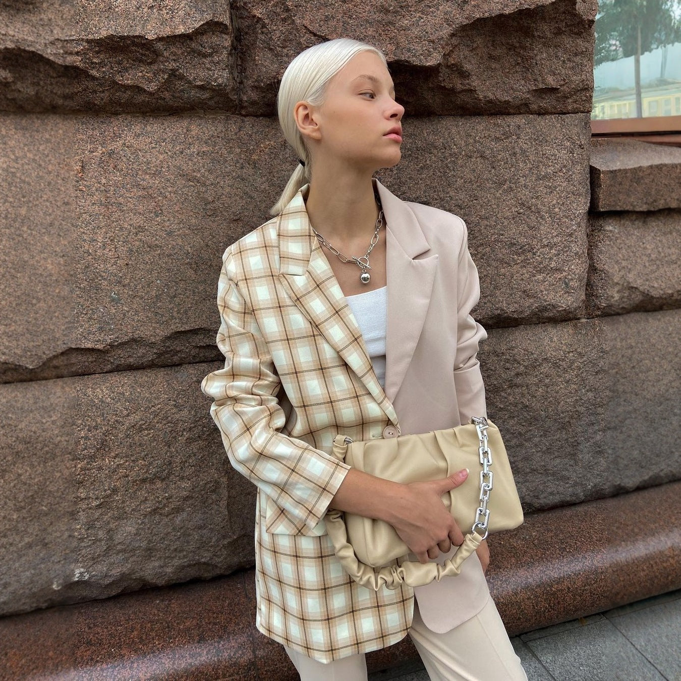 Damen Zweifarbiger Oversize-Blazer mit Karomuster und Reverskragen Chichicherry