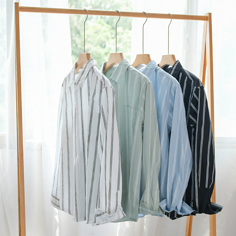 Men's Lightweight Cotton Shirt in Relaxed Fit with Vertical Contrast Stripes and Chest Pocket Chichicherry