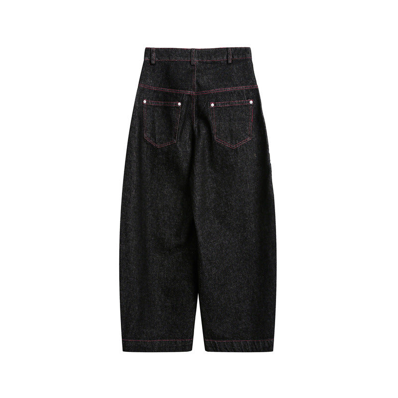 Women's High-Waisted Cropped Baggy Jeans with Striking Contrast Stitching Chichicherry