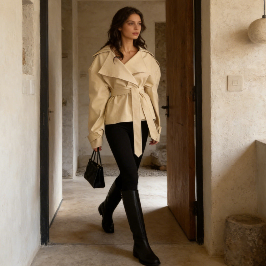 Women's Cropped Trench Coat with Double Button Placket, Waist Belt, and Shoulder Straps Chichicherry