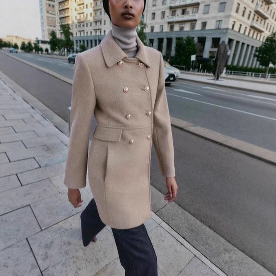 Women Double-breasted Wool Coat with Flared Pleated Skirt and Golden Decorative Buttons Chichicherry