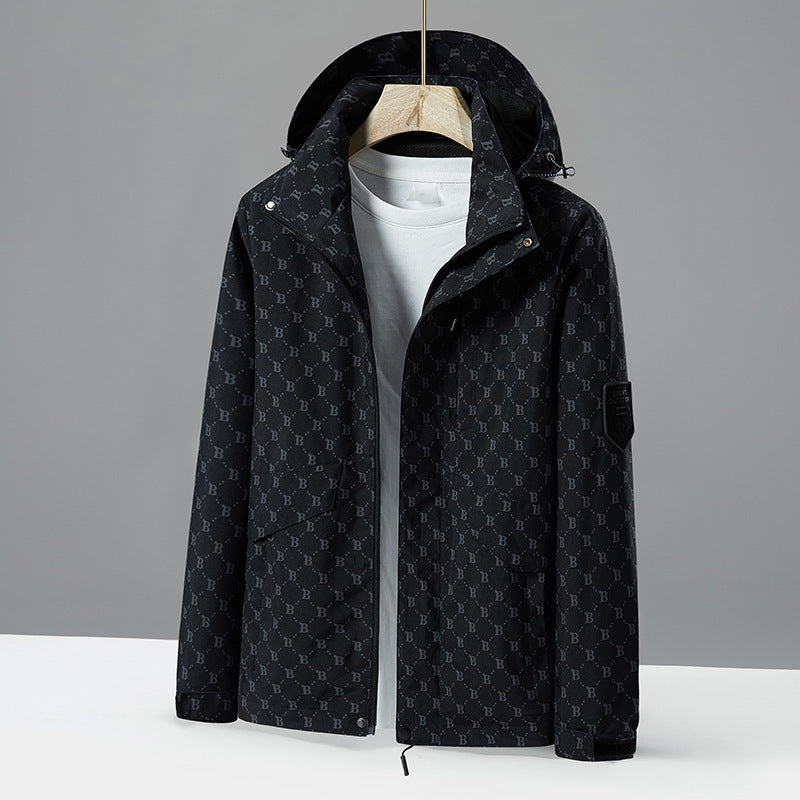Men's lightweight water-repellent hooded jacket with all-over logo pattern, windproof shell, and practical pockets Chichicherry