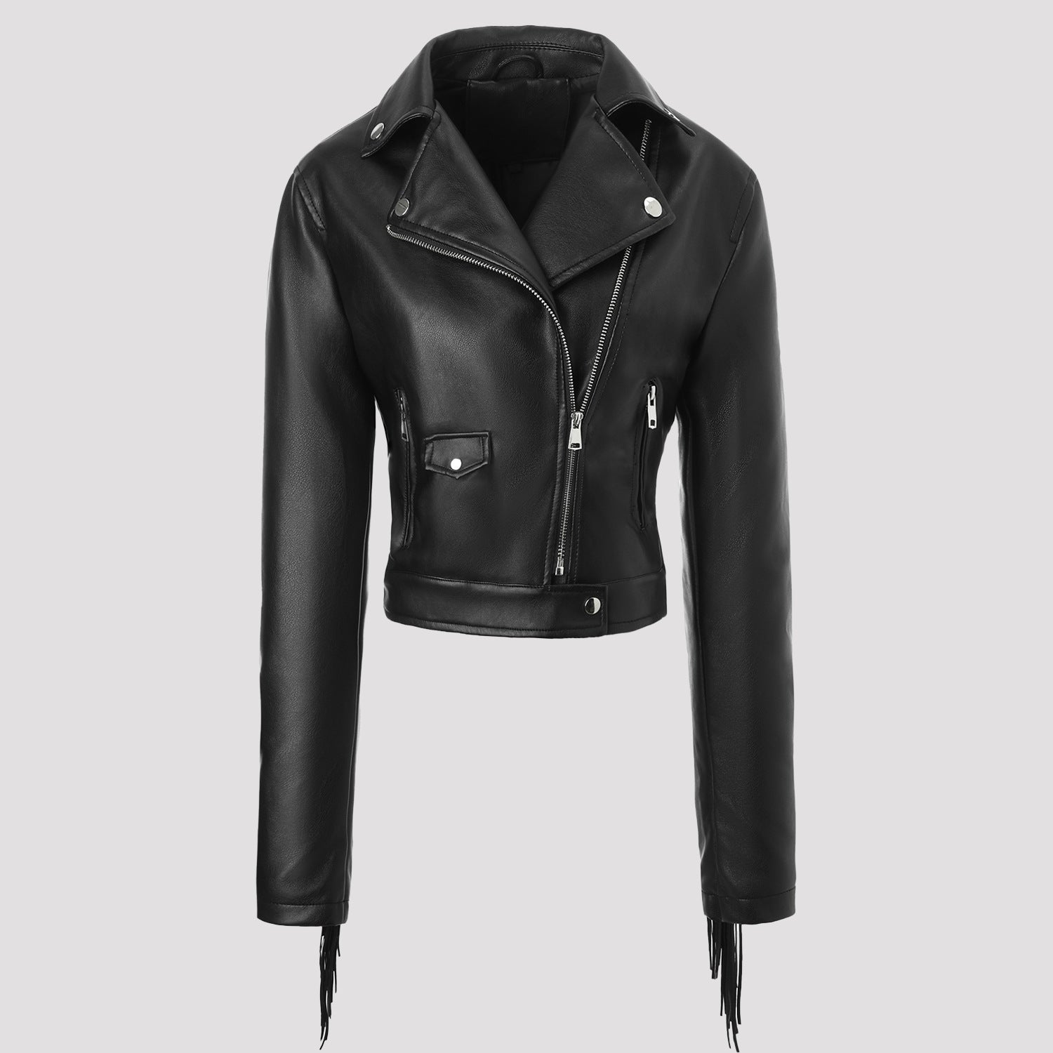 Women's short motorcycle jacket in leather look with fringe sleeves and asymmetrical zipper Chichicherry