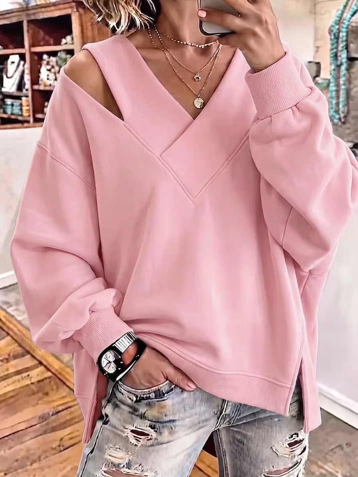 Women's Oversize Sweatshirt with V-Neck and Cut-Out Shoulder Chichicherry