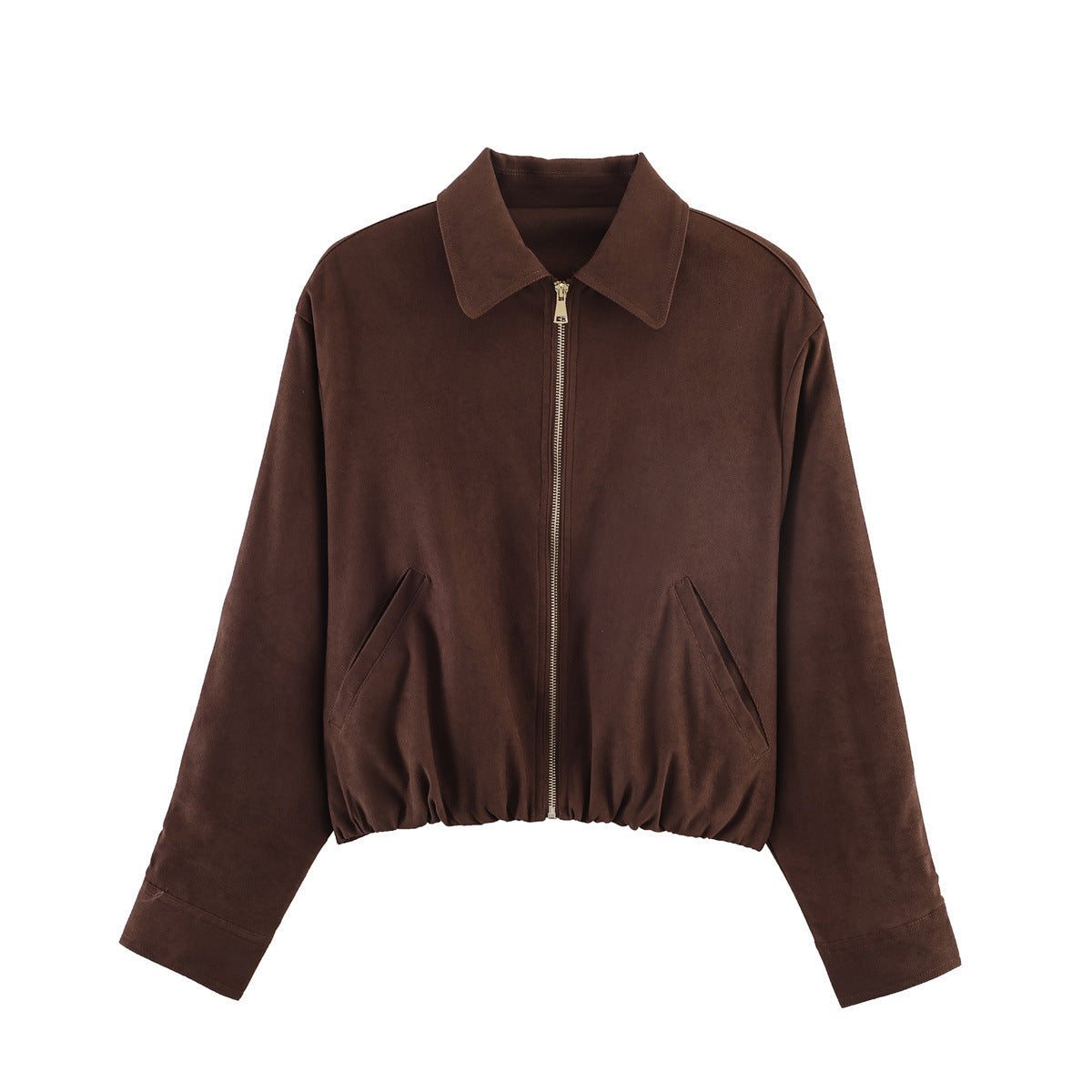 Women’s short-cut suede look bomber jacket with zipper, elastic hem and diagonal side pockets Chichicherry