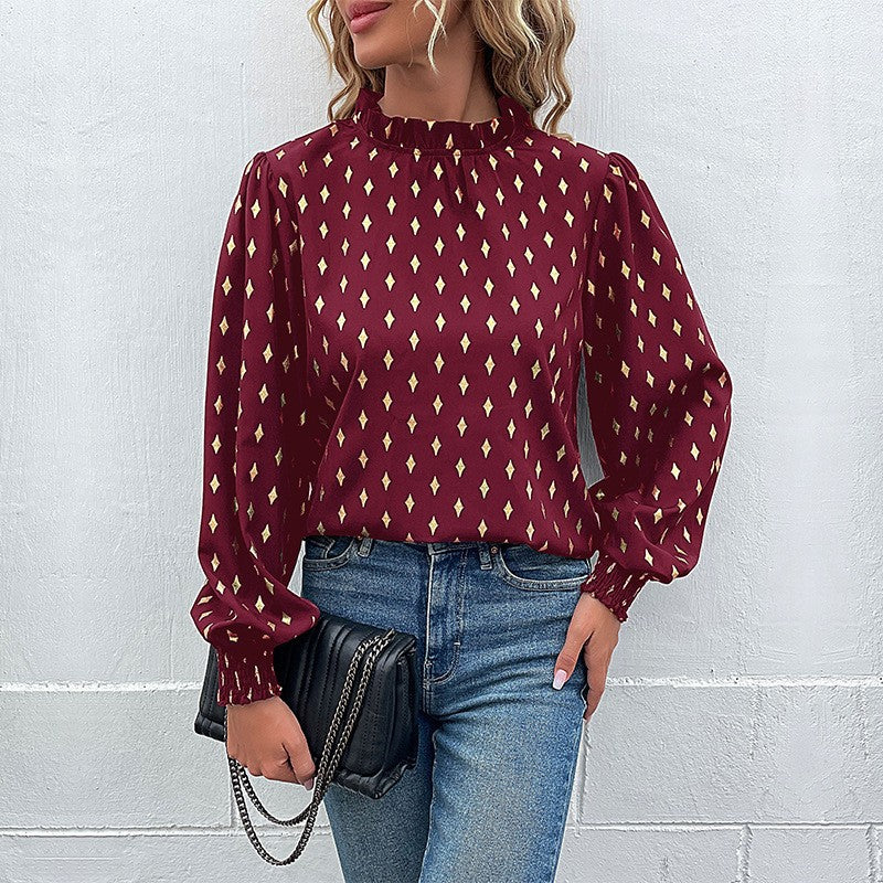Women's Elegant Chiffon Blouse with Diamond Print, Gathered Stand Collar and Balloon Sleeves Chichicherry