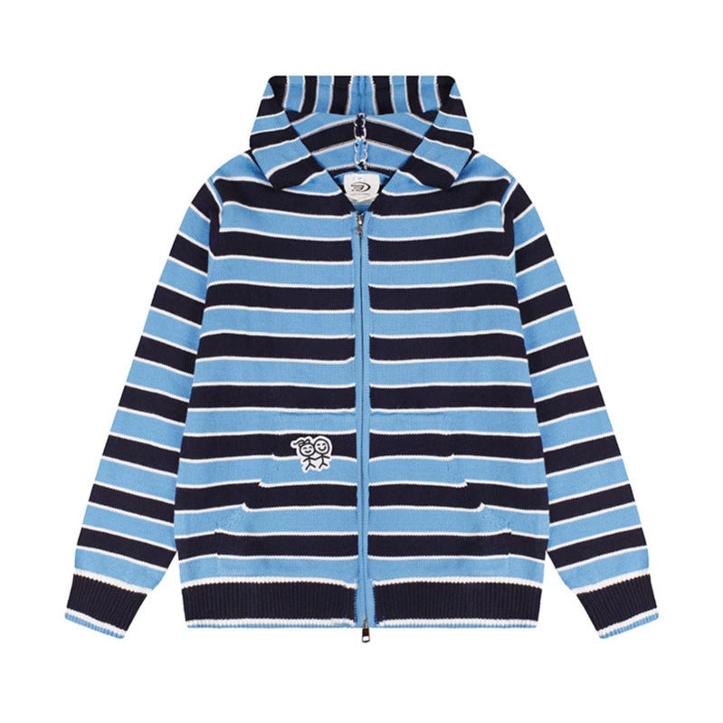 Women's hooded cardigan with full zip, striped texture, and Chichicherry embroidery detail