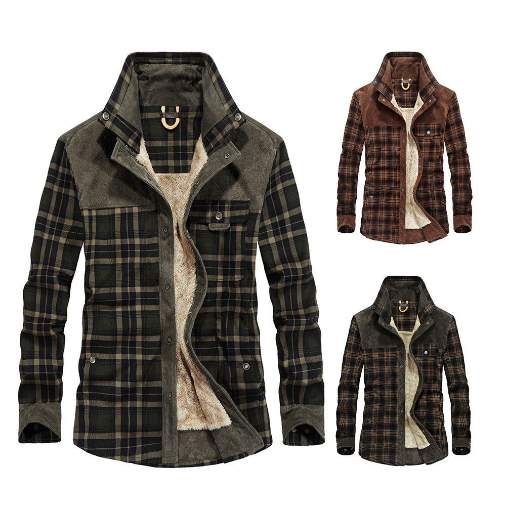 Men's Casual Flannel Field Shirt Jacket with Teddy Lining and Cord Trimming Chichicherry