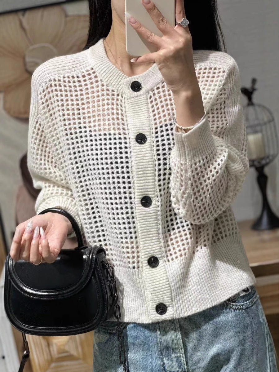 Ladies Loose Mesh Cardigan with Grid Ajour, Round Neckline and Button Placket Chichicherry