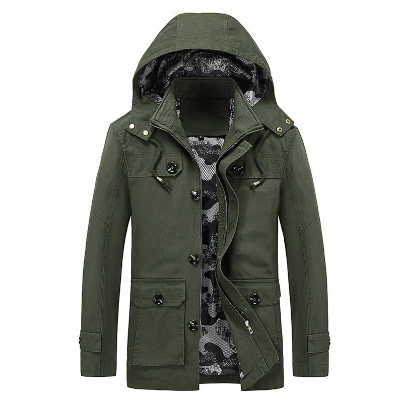 Men's Hooded Canvas Field Jacket with Camouflage Lined Interior and Multifunctional Pockets Chichicherry