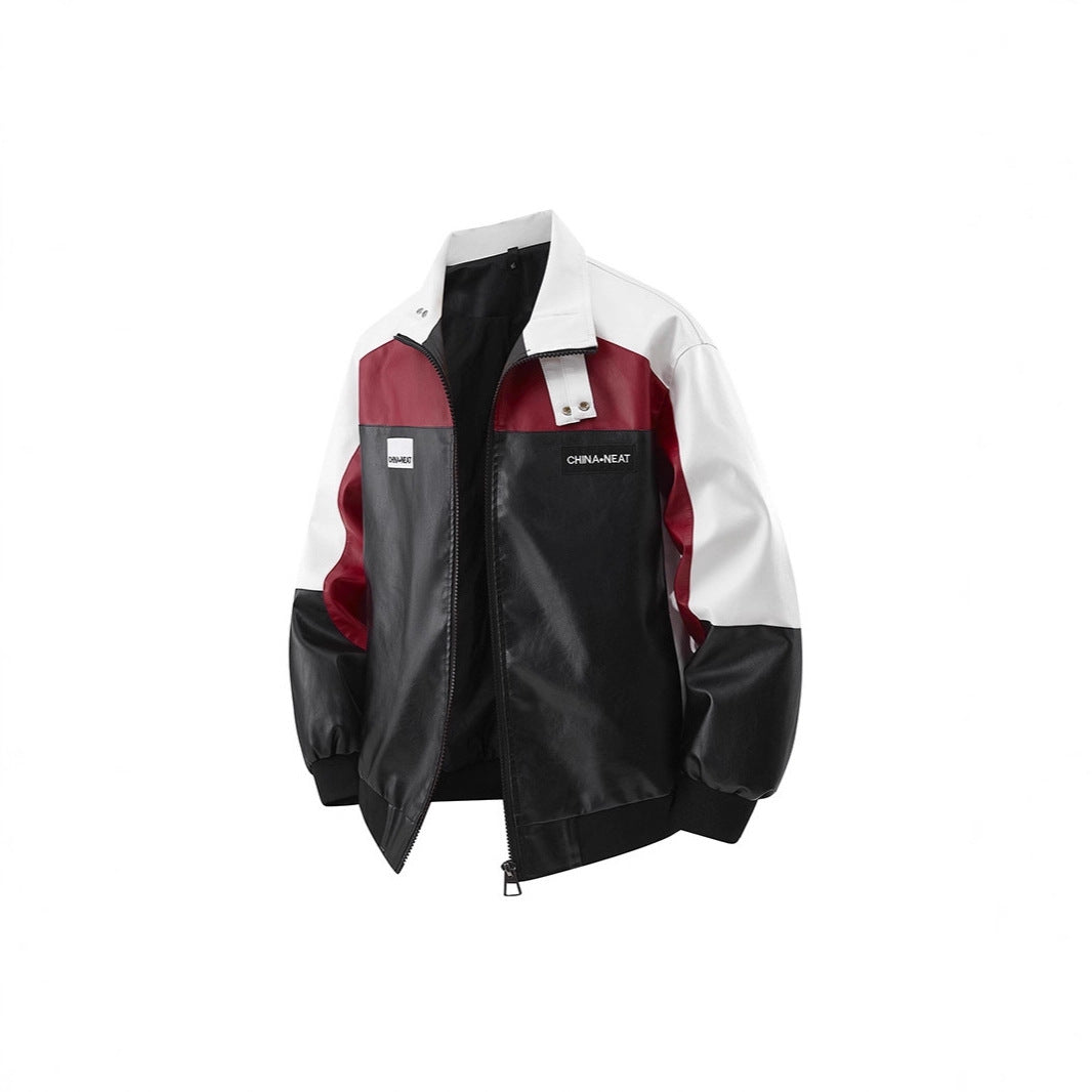Men's Colorblock Faux Leather Bomber Jacket with Stand Collar and Double-Sided Zipper Chichicherry