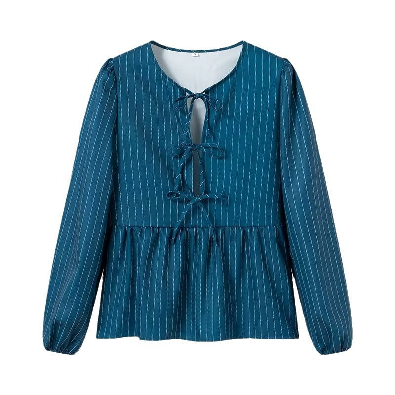 Women's Striped Peplum Blouse with Front Lacing and Long Balloon Sleeves Chichicherry