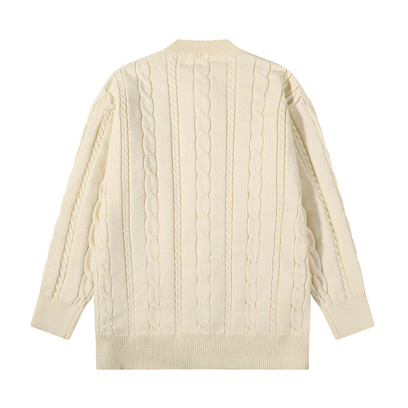 Unisex Übergroße Zopfmuster-Strickjacke mit Knopfleiste und Rundhalsausschnitt Chichicherry