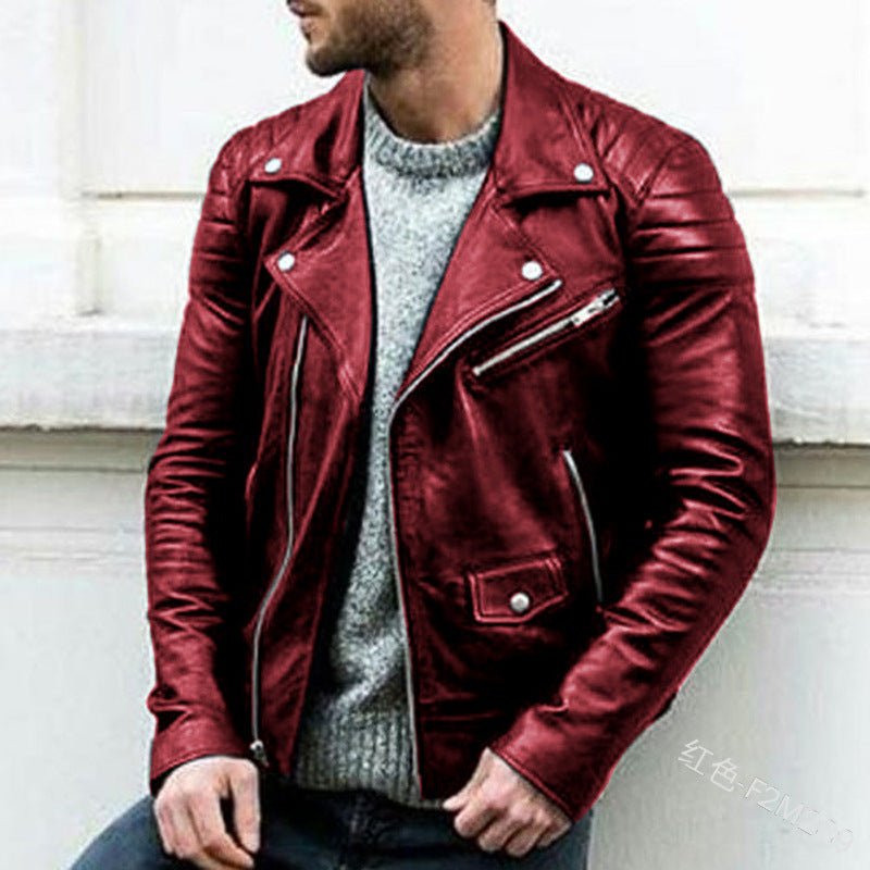 Men's Biker Leather Jacket with Asymmetrical Zipper and Quilted Shoulder Area Chichicherry