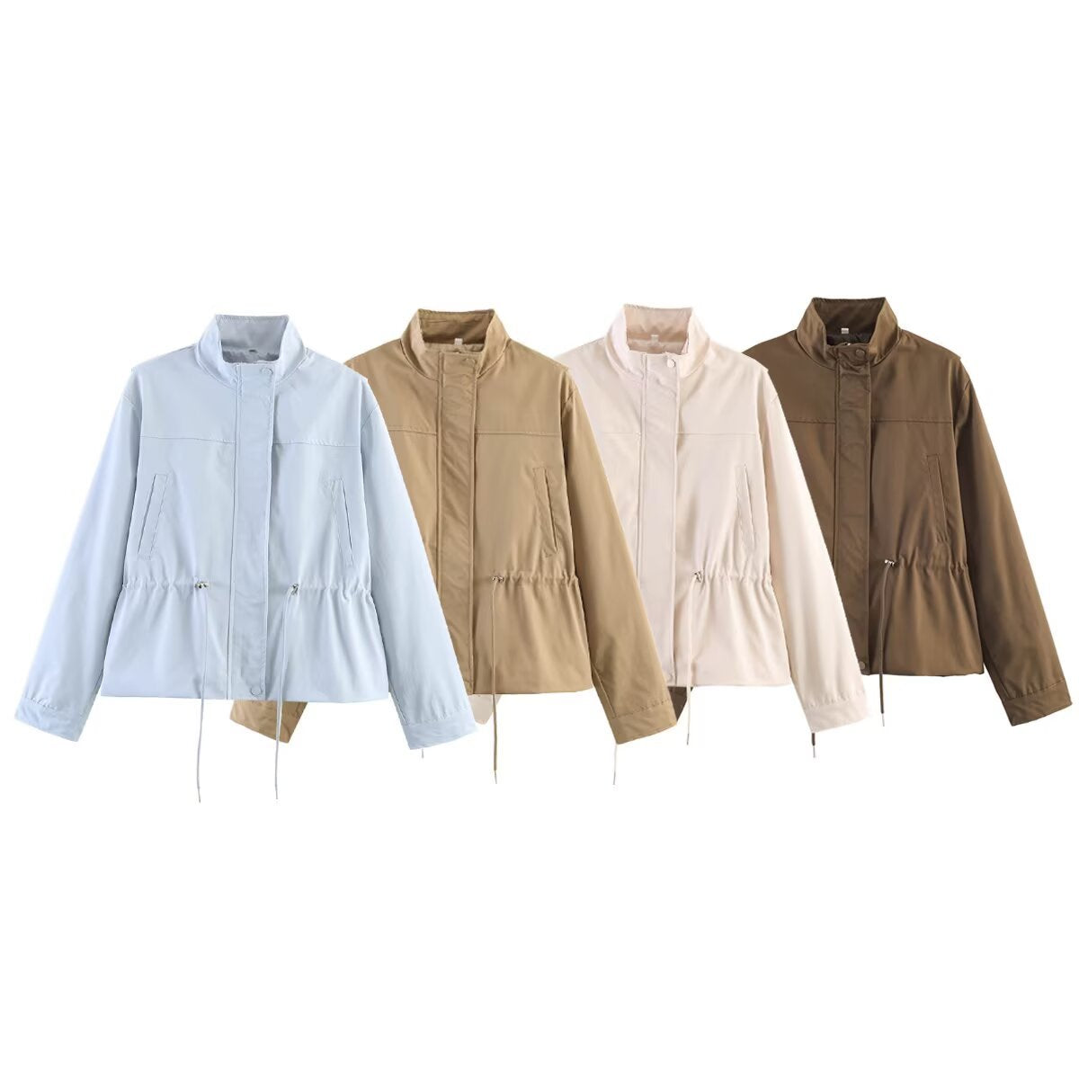 Women's Lightweight Windbreaker Transition Jacket with Drawstring Waist and Stand-up Collar Chichicherry