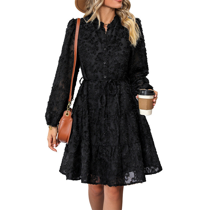 Women's Textured Blouse Skater Dress with Ruffle Layers, Full Button Placket and Waist Tie
