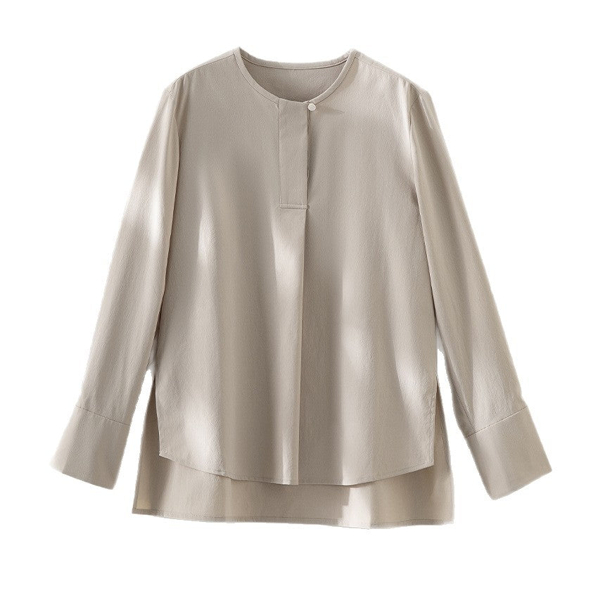 Ladies Casual Long Sleeve Blouse with Hidden Button Placket and Layered Hem Chichicherry