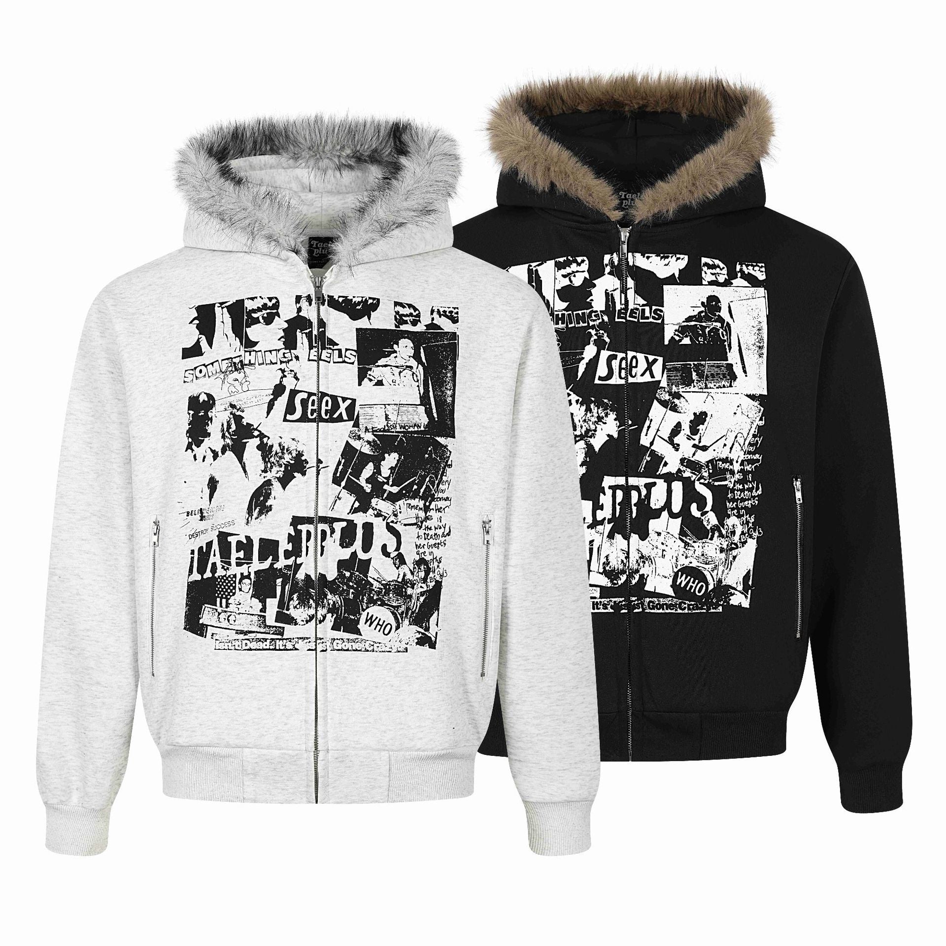 Women's hooded sweatshirt jacket with artificial fur trim, front zip and collage print Chichicherry