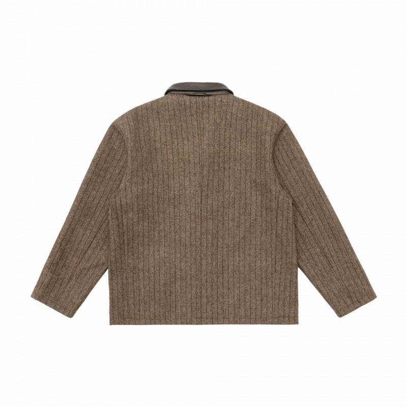 Men's wool blend worker blazer with contrasting leather collar and patch pockets Chichicherry