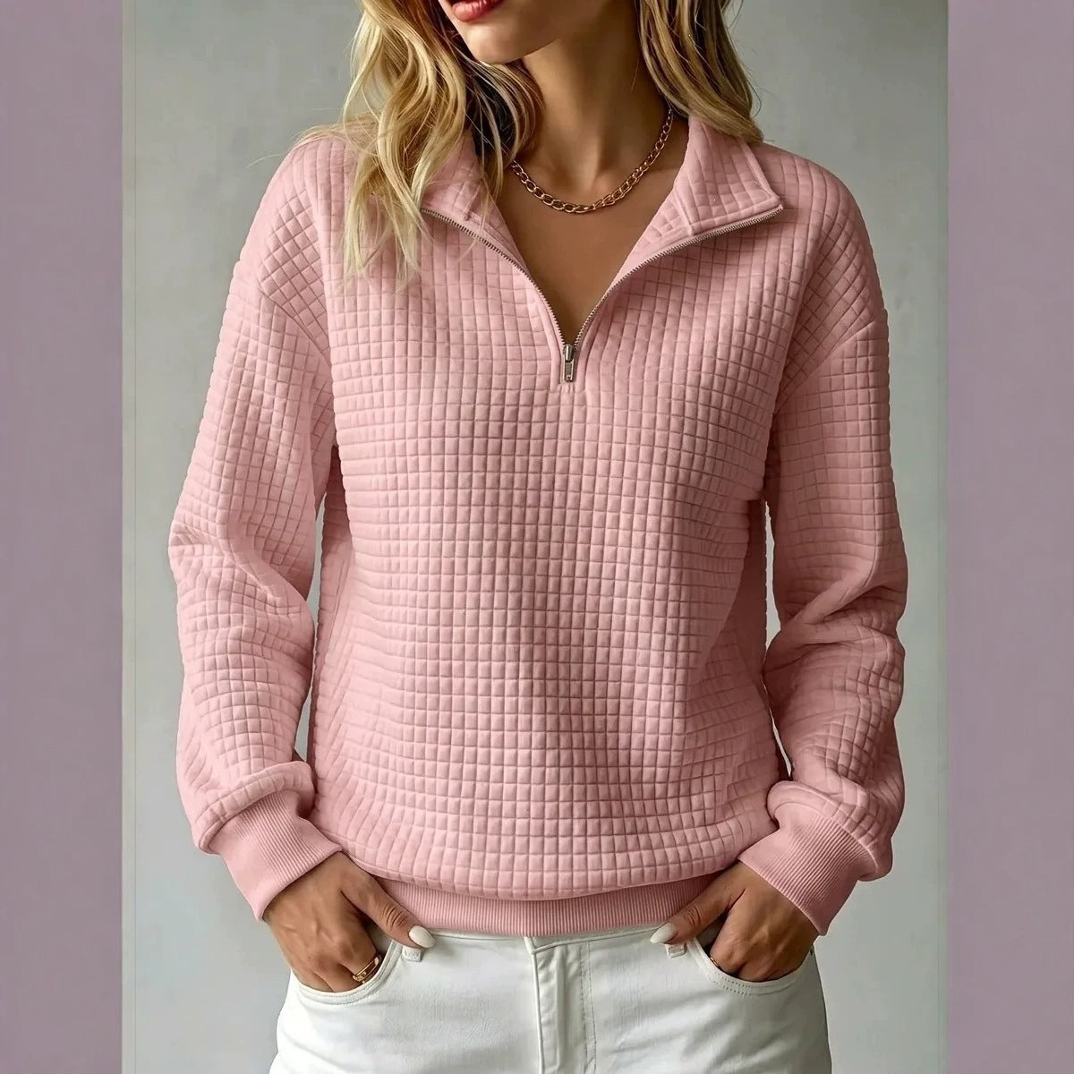Women's Quilted Half-Zip Sweatshirt with Check Pattern and Stand-Up Collar Chichicherry