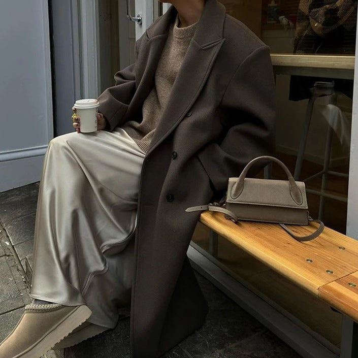 Women's Double-Breasted Maxi Wool Blend Coat with Slim Silhouette and Dropped Lapel Chichicherry