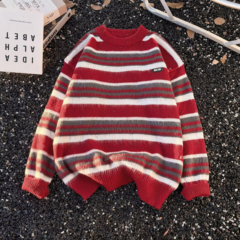 Unisex Gestreifter Oversize-Mohair‑Optik Pullover mit Rundhals und weicher Struktur Chichicherry