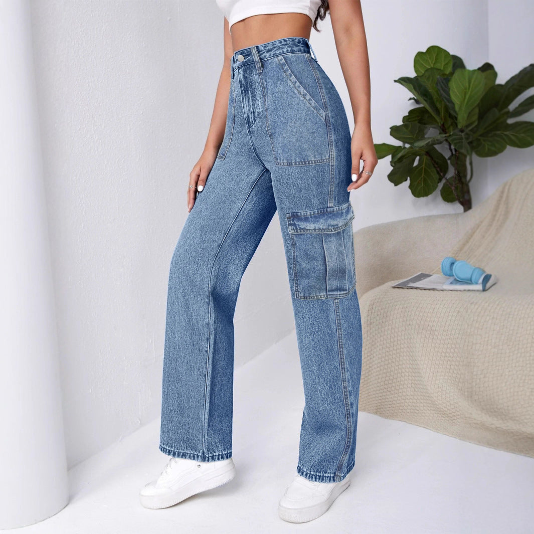 Women High-Waisted Cargo Wide Jeans with Patch Pockets and Elastic Hem Chichicherry