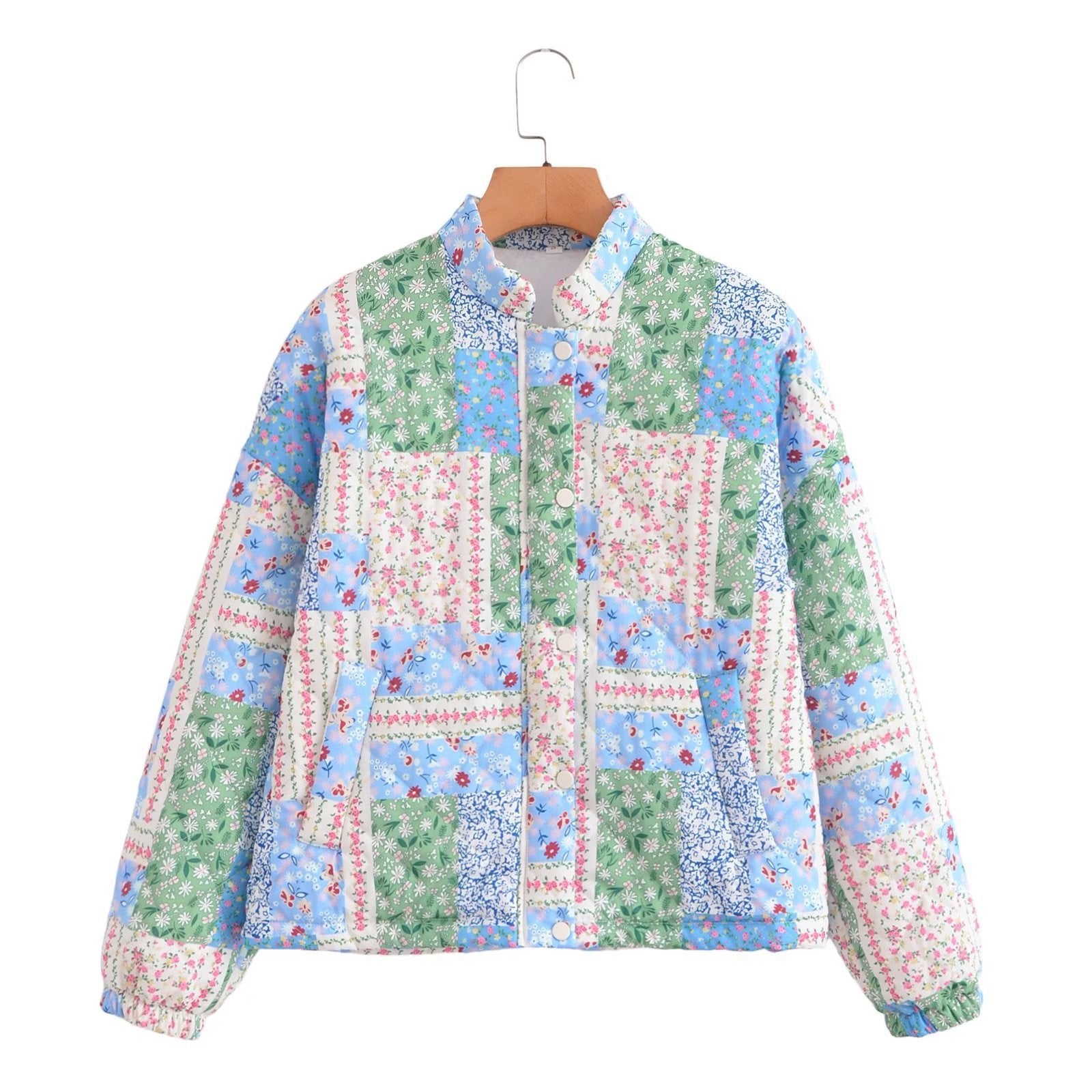 Women Padded Patchwork Quilted Jacket with Stand Collar and Snap Fastening Chichicherry